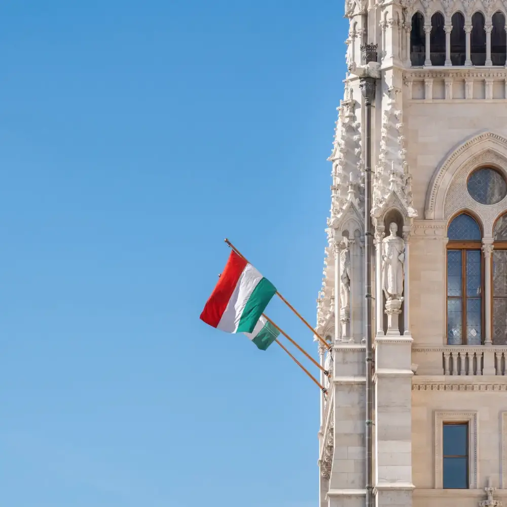 Hungarian Flag at Hungarian Parliament Building - Budapest, Hungary